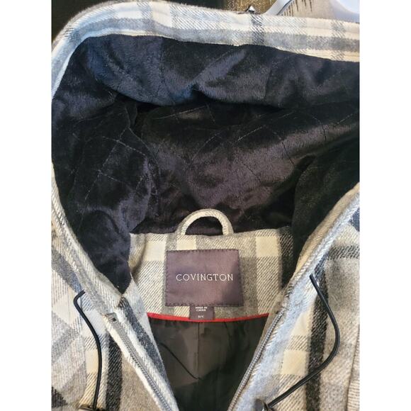 Covington Wool Blend Plaid Hooded Zip Up Coat Jacket Peacoat Gray White SM - Picture 4 of 7
